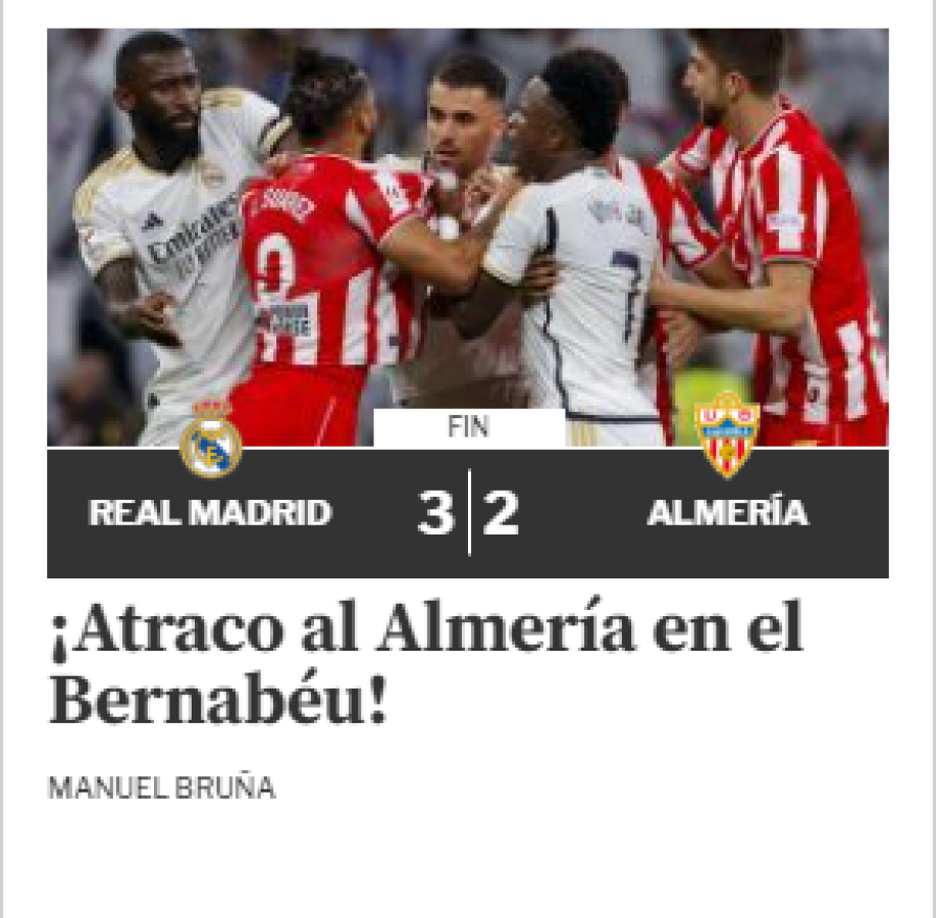 Mundo Deportivo no se anduvo con rodeos: “¡Atraco al Almería en el Bernabéu!”.