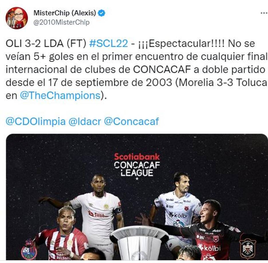 El estadígrafo español MisterChip se mostró encantado con el primer juego de la final de la Liga Concacaf. Indicó que fue espectacular y compartió este dato.