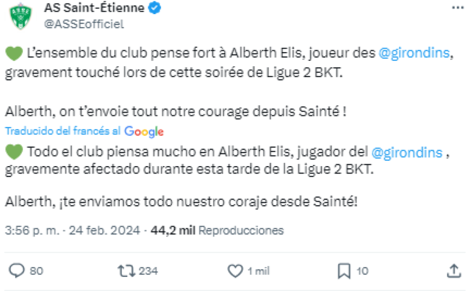 Varios equipos tradicionales de Francia le dedicaron mensajes a Elis. El histórico Saint-Étienne le mandó buenos deseos!