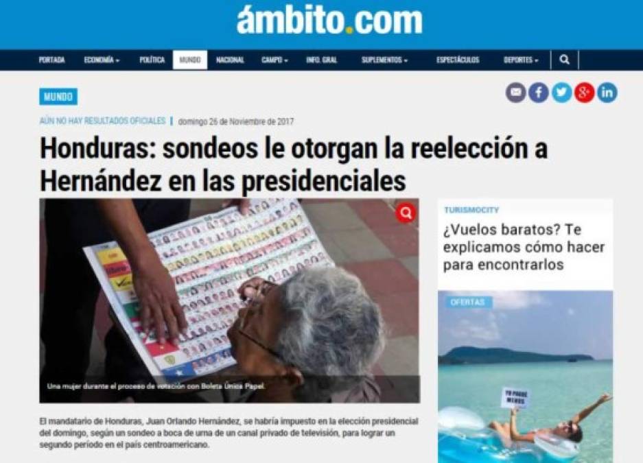 Diario Ámbito de Argentina: 'Honduras: sondeos le otorgan la reelección a Hernández en las presidenciales'. 'El mandatario de Honduras, Juan Orlando Hernández, se habría impuesto en la elección presidencial del domingo, según un sondeo a boca de urna de un canal privado de televisión, para lograr un segundo período en el país centroamericano'.