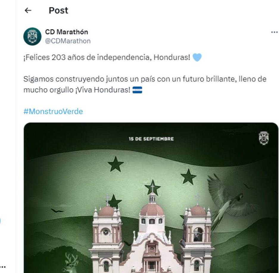 El Club Deportivo Marathón se unió a las felicitaciones por el 2023 aniversario de Independencia de Honduras.