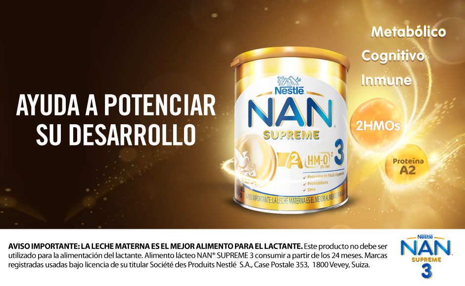 NAN® Supreme 3 de Nestlé contiene proteína A2, 2 moléculas de HMOs y probióticos.