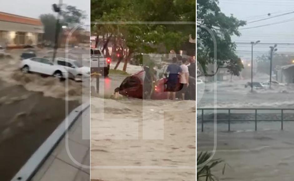 Fuerte tormenta en San Pedro Sula arrastra carros y genera caos vial