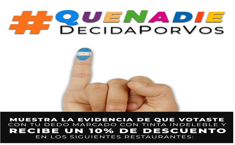 Asociación de Restaurantes de Honduras ofrecerá descuento a hondureños que voten en estas elecciones