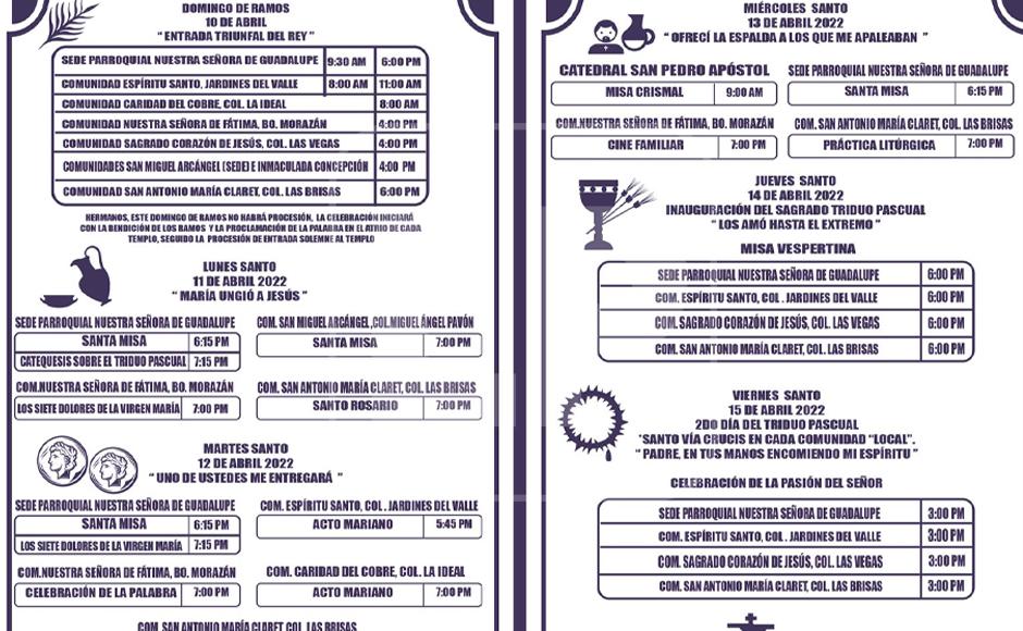 Calendario de las actividades de la Iglesia Católica en el marco de Semana Santa.