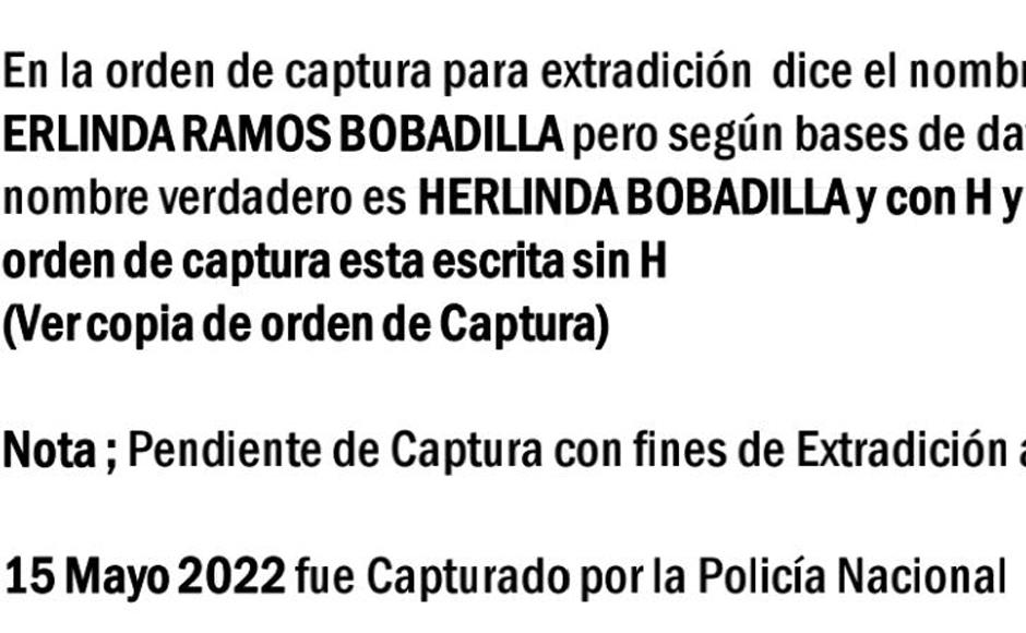 Ficha de extradición de la hondureña Herlinda Bobadilla. 
