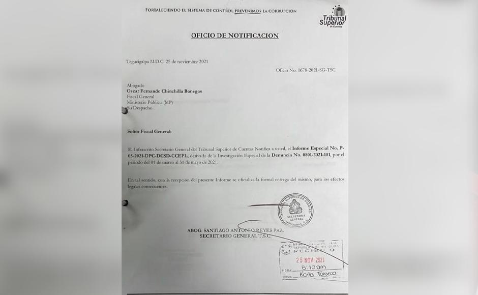 Oficio de notificación enviado al Ministerio Público.