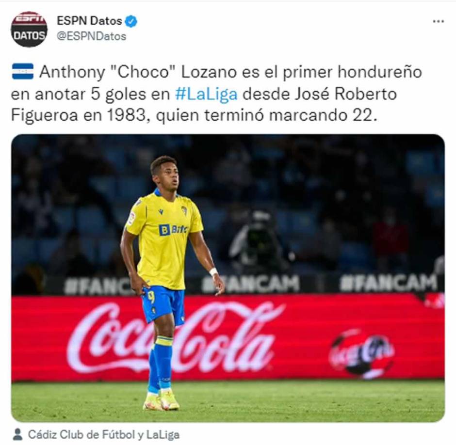 ESPN publicó un dato histórico sobre el delantero del Cádiz. ‘Antony ‘Choco’ Lozano es el primer hondureño en anotar 5 goles en La Liga desde José Roberto Figueroa en 1983, quien terminó marcando 22’.