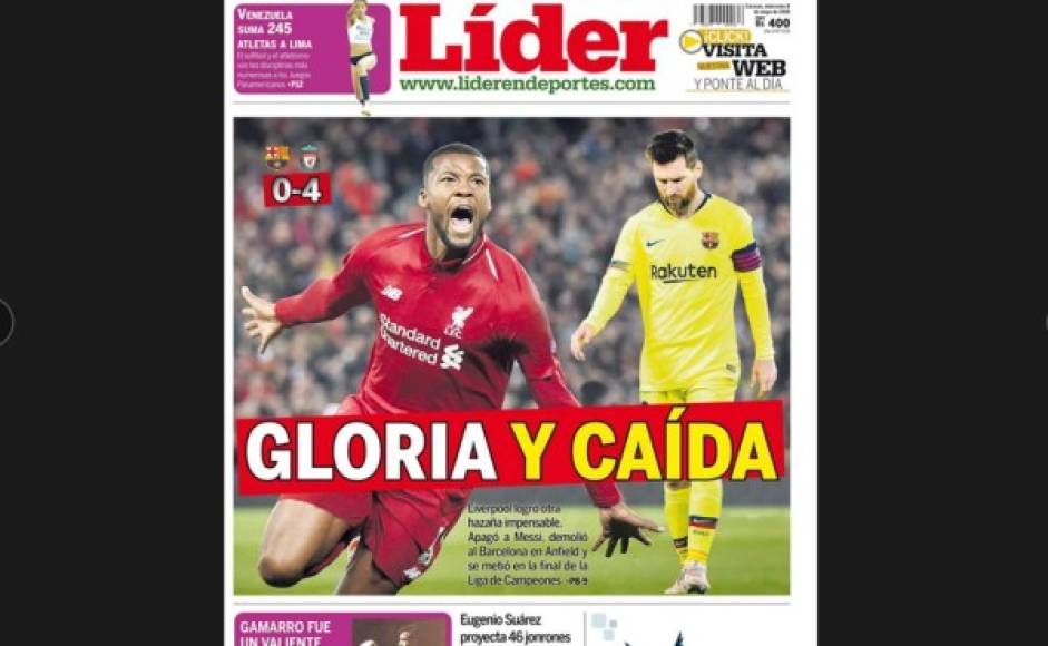 El diario Líder hizo un contraste entre el dolor de Messi y la alegría de los rojos del Liverpool.