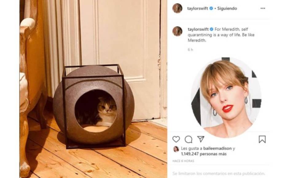 Taylor Swift<br/>La cantante dijo hace unos días 'Ha llegado la hora de cancelar aviones, y de hecho, es momento de aislarse tanto como puedan. Y no asumir que, sólo porque no estamos enfermos, no podemos contagiar a otros, sobre todo a los ancianos y los más vulnerables'. Más recientemente compartió el ejemplo de su mascota. 'Para Meredith, el autoaislamiento es una forma de vida', sé como Meredith.