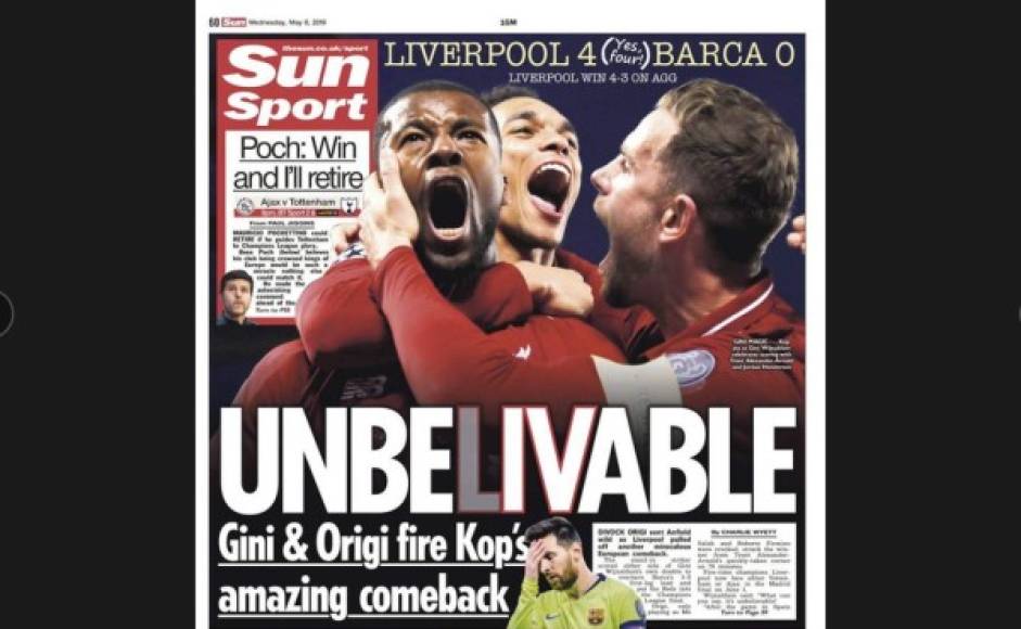 INCREÍBLE en inglés fue el titular de Sun Sports, remarcando las letras LIV haciendo referencia al Liverpool.