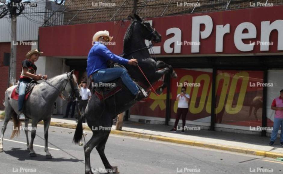 Los jinetes pasaron por el edificio de LA PRENSA, adonde se lucieron con su show y sus caballos.