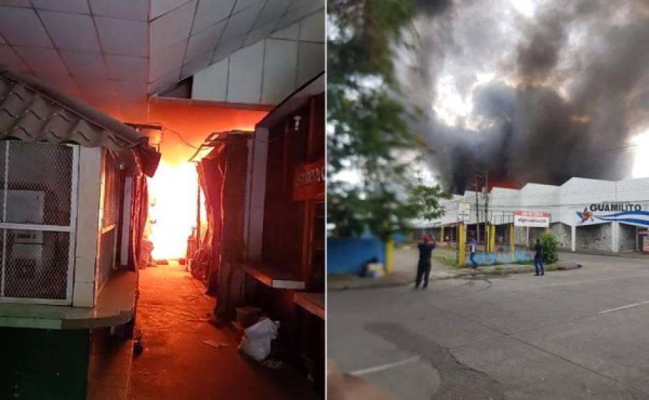 Un incendio consumió varios locales del histórico Mercado Guamilito de San Pedro Sula. Un mercado municipal que cuenta con locales de artesanías, recuerdos, comida y flores. Fotos: José Cantarero/Óscar Lóprez/redes sociales