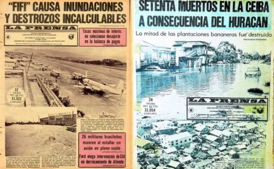 El 17 de septiembre de 1974, la fuerza descomunal del Fifí, que se formó en aguas del Caribe, causaba graves destrozos, principalmente en toda la zona norte de Honduras, aunque el efecto de las torrenciales lluvias afectó a todo el país. Portadas publicadas en ese momento por Diario LA PRENSA