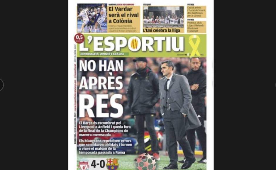 El diario L'Esportiu hizo énfasis que el Barcelona no aprendió la lección en la Champions al perder contra el Liverpool nuevamente.