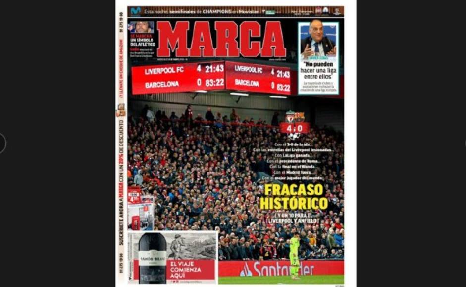Diario Marca, 'restregó' en su portada todas las facilidades con las que contaba el Barcelona para clasificar a la final y que no pudo aprovechar ante un indomable Liverpool.