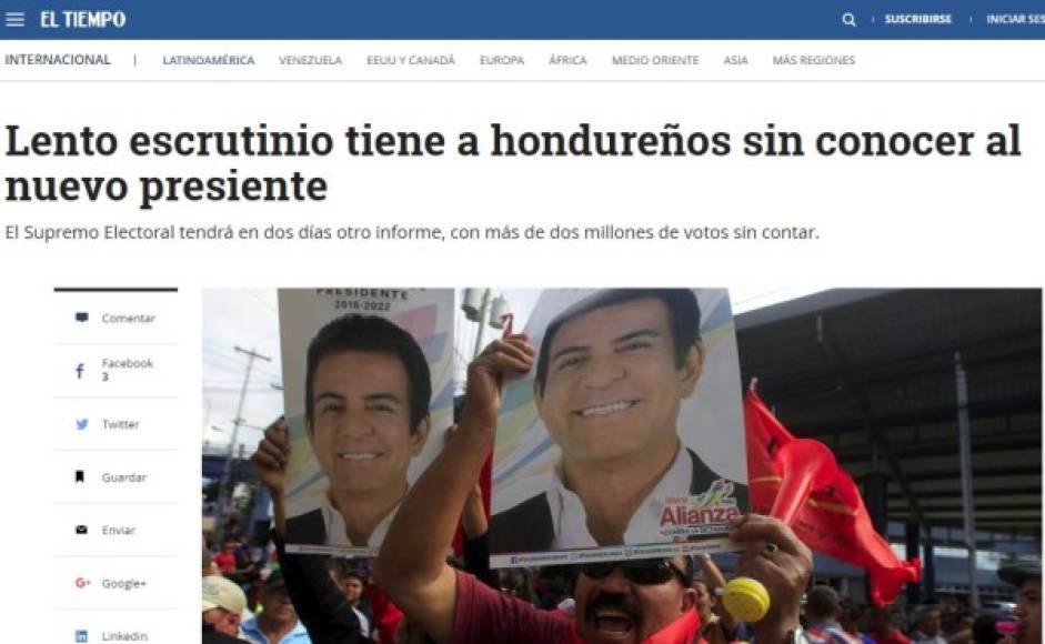 El Tiempo de Colombia también destacó el lento escrutinio de los votos en Honduras.