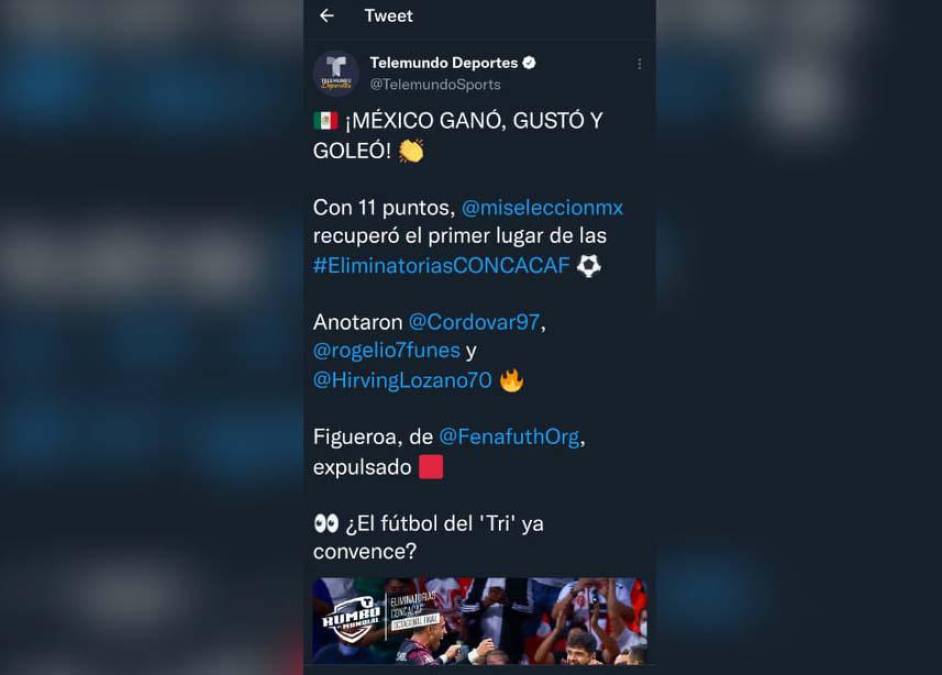 Telemundo Deportes: “México ganó, gustó y goleó”.
