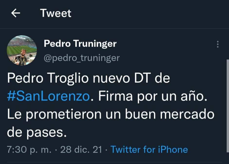 Periodistas de Argentina informan que Pedro Troglio se une al San Lorenzo por una temporada y además señalan que le prometieron fichajes.