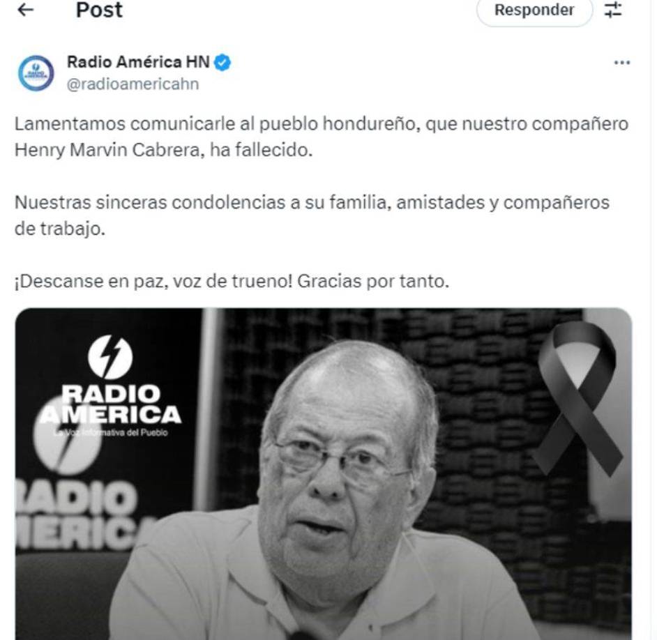 El mensaje de Radio América donde informó la muerte de Henry Marvin Cabrera. 