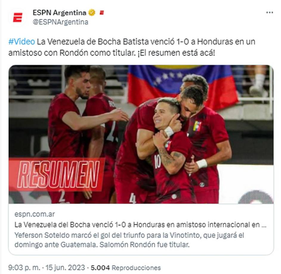 ESPN destacó el triunfo de Venezuela sobre Honduras en el partido amistoso.
