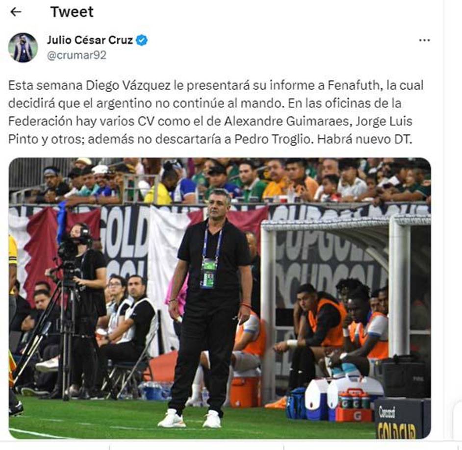 Julio Cruz: “Esta semana Diego Vázquez le presentará su informe a la Fenafuth, la cual decidirá que el argentino no continué al mando”, fueron algunas de sus palabras y además lanzó algunos candidatos que ya se manejan.