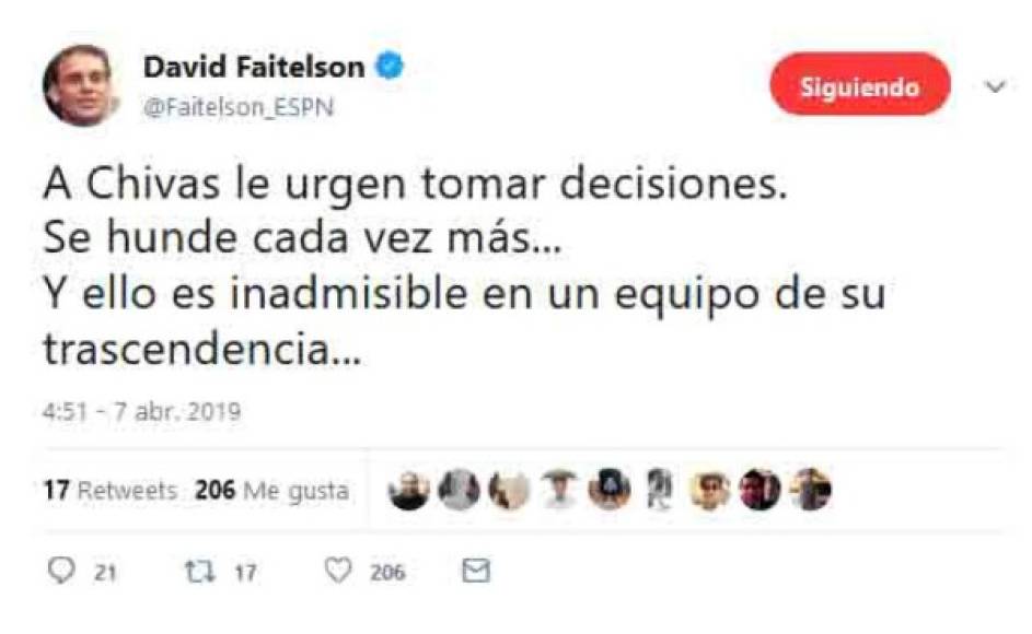 El polémico periodista David Faitelson se pronunció sobre la derrota de las Chivas, el hondureño Michaell Chirinos dejó hundida a la institución.