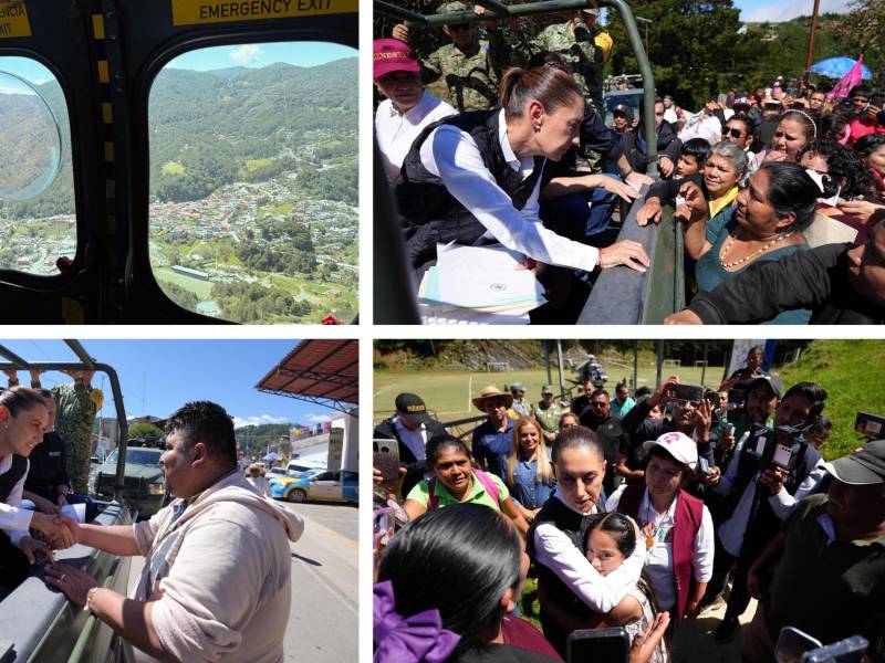 La mandataria mexicana, Claudia Sheinbaum, sobrevolando y dando atención a familias afectadas por las lluvias en la comunidad Pinal de Amoles, en Querétaro.
