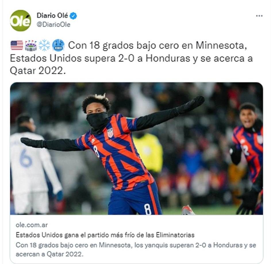 El diario Olé también informó del partido al medio tiempo cuando el marcador estaba 2-0. “Estados Unidos gana el partido más frío de las eliminatorias”.