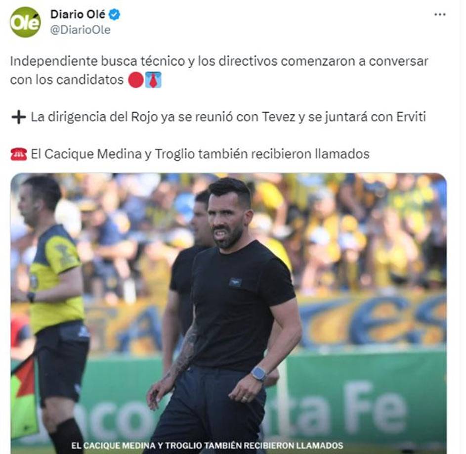 Diario Olé de Argentina revela que Troglio ya recibió un llamado por parte de Independiente. Pero, señalan que Carlos Tévez y Erviti son las primeras opciones del club argentino.