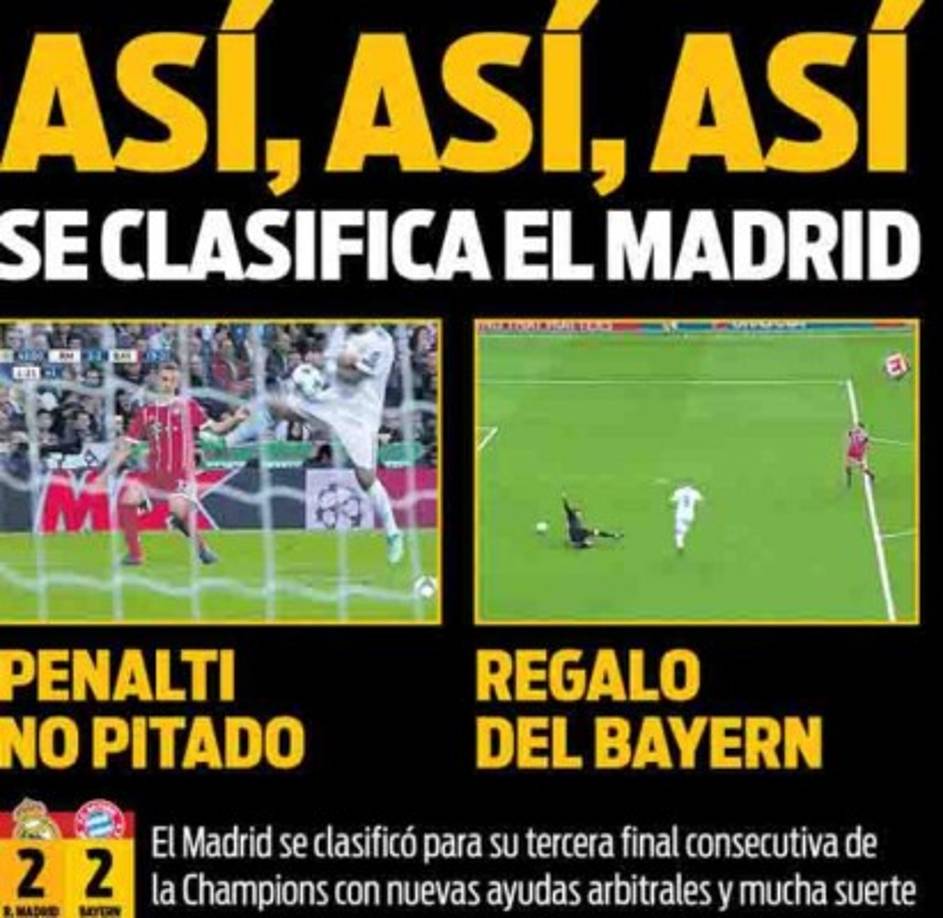 Karim Benzama, autor de los dos goles al Bayern, y Keylor Navas, autor de 'paradas enormes' lucen en las portadas de la prensa deportiva junto a Marcelo, en la clasificación del Real Madrid para su tercera final consecutiva de la Liga de Campeones. El juego tuvo polémica tras un penal que no le concedió al Bayern Múnich.
