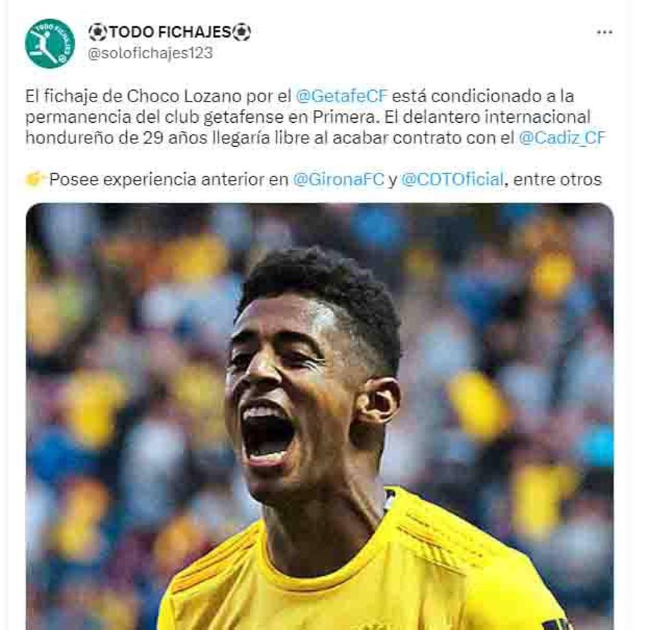 El posible fichaje del Choco Lozano por Getafe es inminente.
