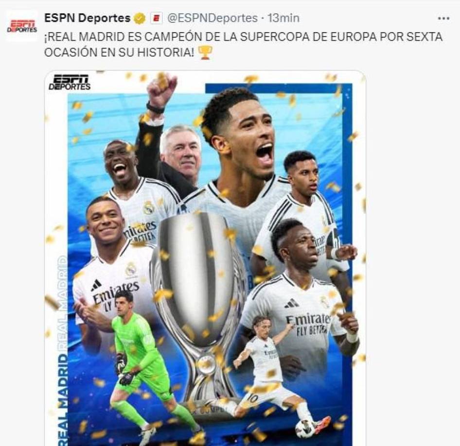ESPN Deportes destaca la sexta Supercopa de Europa del Real Madrid.