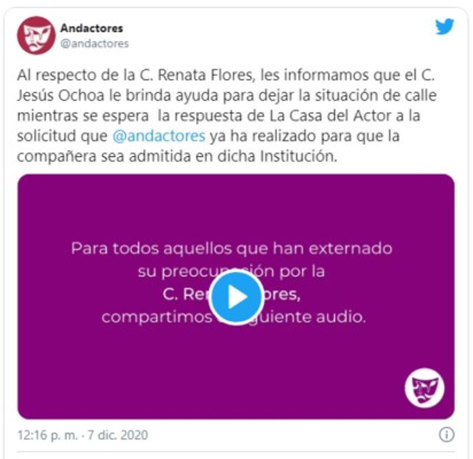 El comunicado de la ANDA va acompañado de un audio de la actriz en el que dice lo siguiente: 'Hola, qué tal... soy Renata Flores. Estoy bien y como en casa, protegida y rodeada de amigos. Mejor, imposible. Por favor, acallen la mala información que circula de mi persona. Besos y abrazos, ¡los quiero!'.<br/><br/>