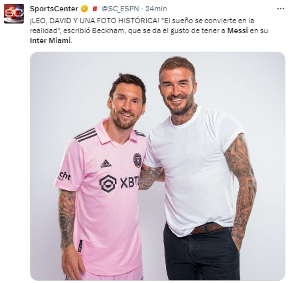 Sports Center: “¡LEO, DAVID Y UNA FOTO HISTÓRICA! “El sueño se convierte en la realidad”, escribió Beckham, que se da el gusto de tener a Messi en su Inter Miami”.