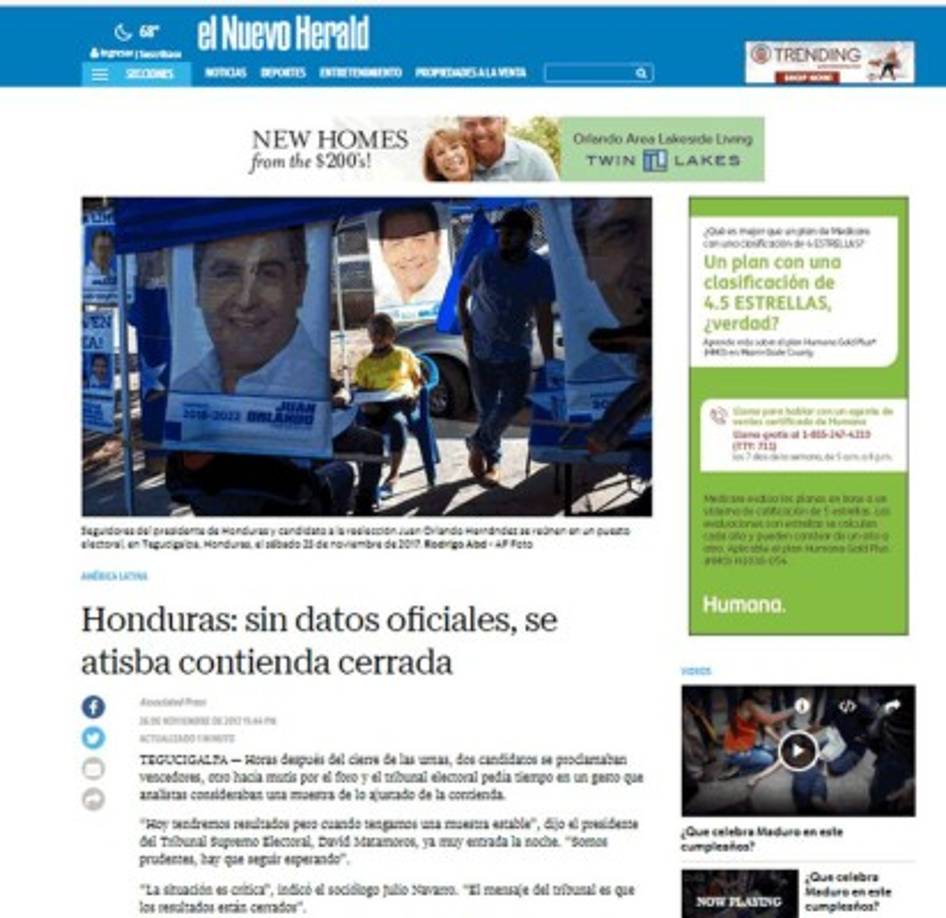 El Nuevo Herald de Estados Unidos dice que 'horas después del cierre de las urnas, dos candidatos se proclamaban vencedores, otro hacía mutis por el foro y el tribunal electoral pedía tiempo en un gesto que analistas consideraban una muestra de lo ajustado de la contienda'.