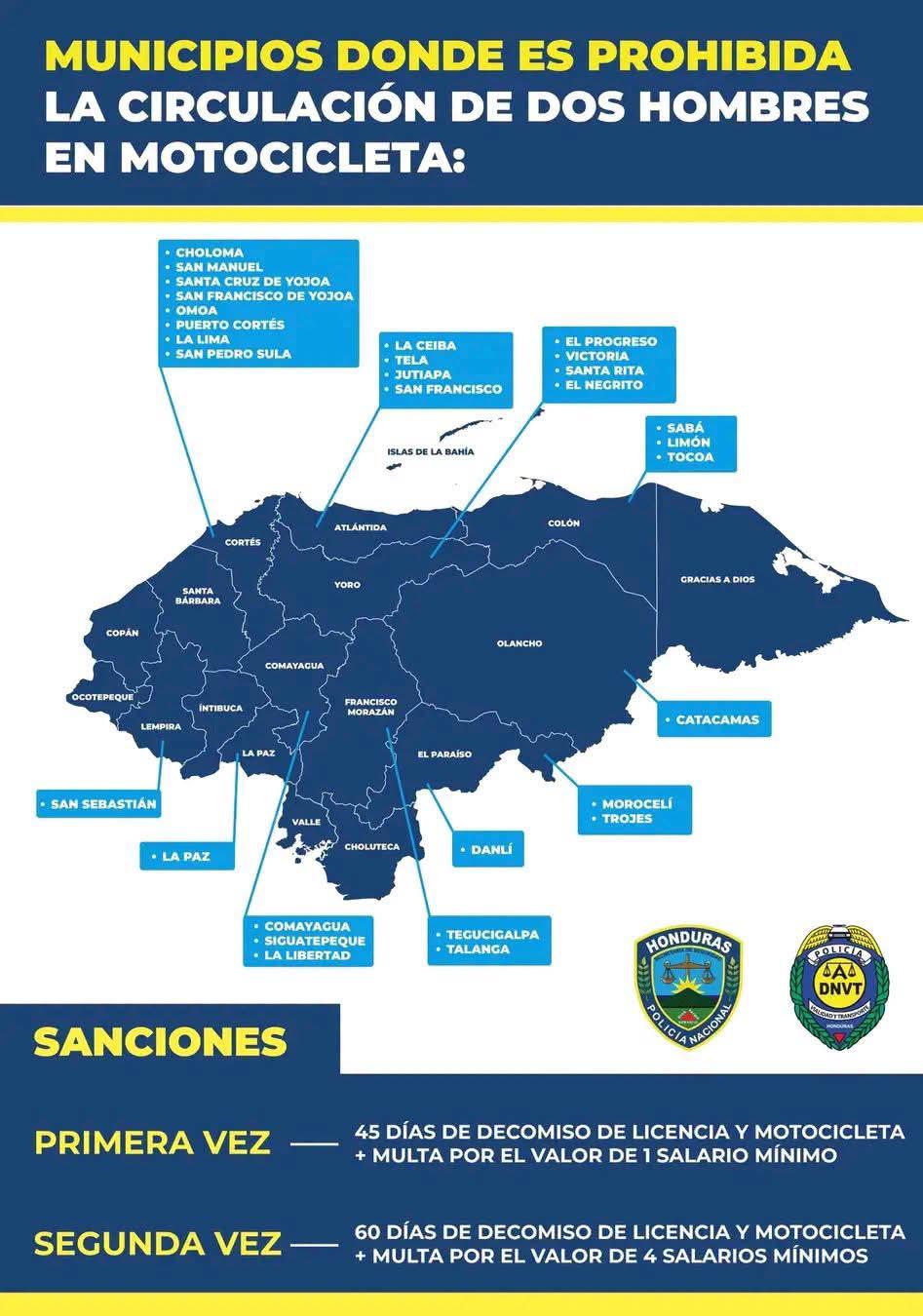 Lista de municipios en Honduras donde está prohibido que dos hombres viajen en motocicleta