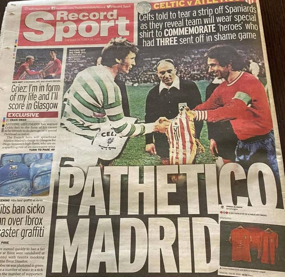 En Escocia ha surgido una polémica previo al Celtic vs Atlético. Los medios de ese país califican de “patético” el hecho que los colchoneros usarán camiseta especial en homenaje a la primera final de Copa de Europa que jugaron justamente ante Celtic. En ese entonces el encuentro terminó en una brutal pelea. 