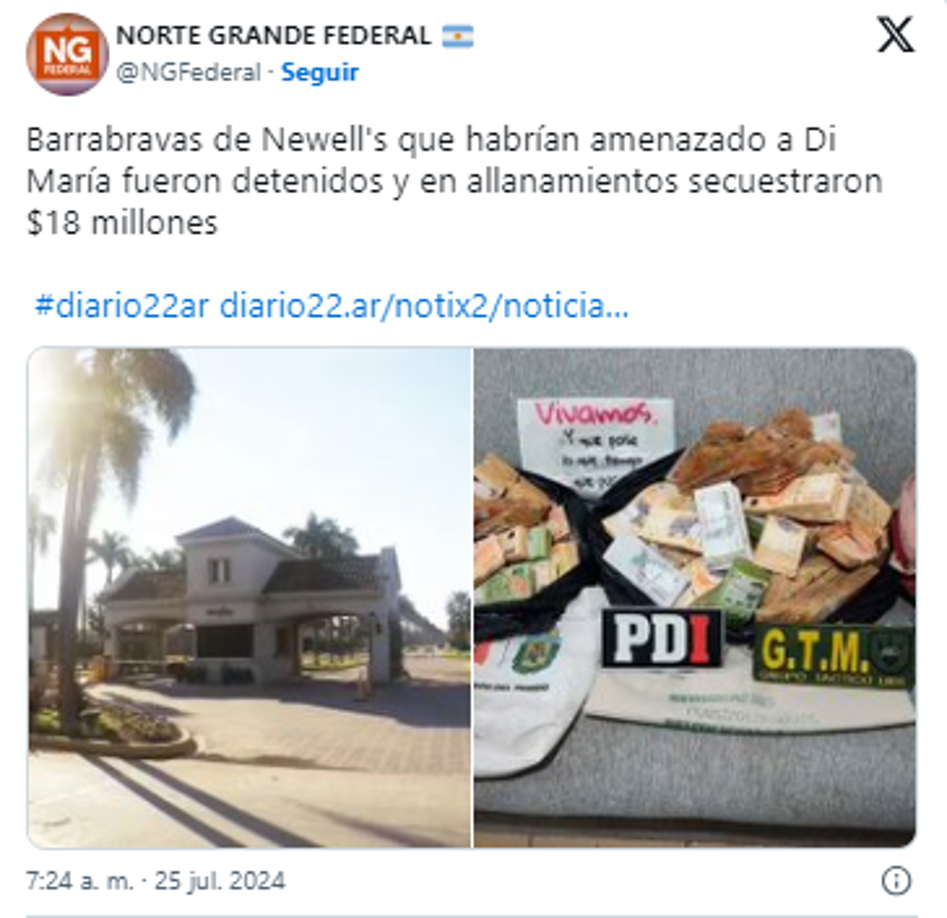 Incautaron 16 millones de pesos, vehículos y celulares <b>”Alejandro ‘Rengo’ Ficadenti </b>y<b> Sergio ‘Bebe’ Di Vanni</b>, barrabravas de Newell’s, fueron arrestados por amenazas a <b>Ángel Di María.</b>