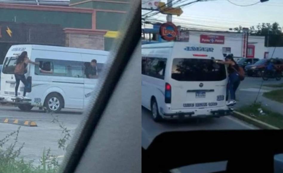 ¿Vas con prisa? pásele atrás, son algunas de las bromas que hacen los usuarios en redes sociales al ver esta imagen de una joven colgada en la parte trasera de un rapidito ruta 7 de San Pedro Sula.<br/><br/>La arriesgada acción de la mujer sirvió de motivación para muchos sampedranos y crear muchos memes: