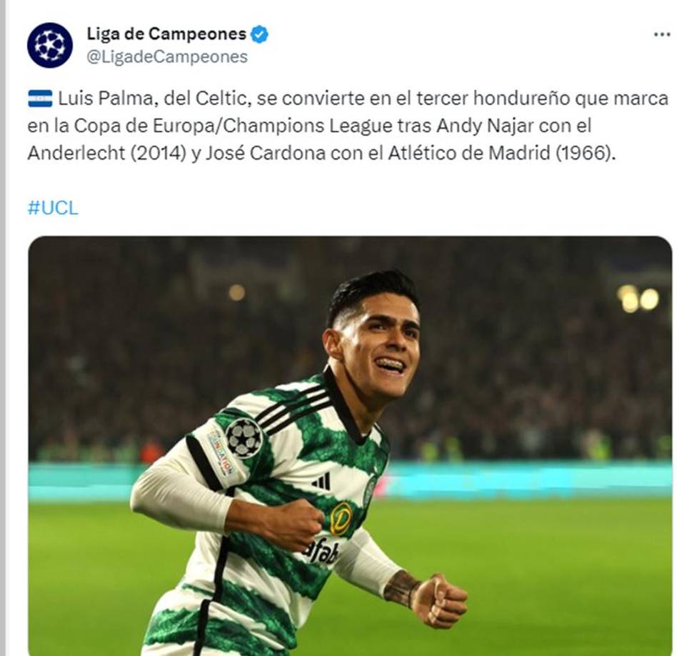 La UEFA destacó el hecho de que Palma se convirtió en el tercer hondureño en anotar en la Copa De Europa, anteriormente marcaron “Coneja” Cardona y Andy Najar.