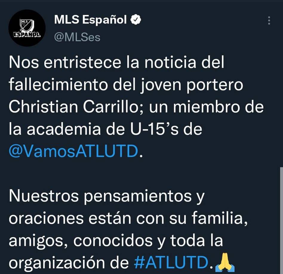 La MLS en sus redes sociales oficiales lamentó la muerte del joven jugador hondureño de 15 años de edad.