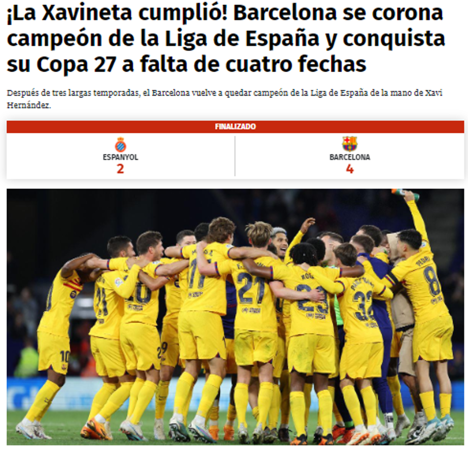 Diario Diez: “¡La Xavineta cumplió! Barcelona se corona campeón de la Liga de España y conquista su Copa 27 a falta de cuatro fechas”.