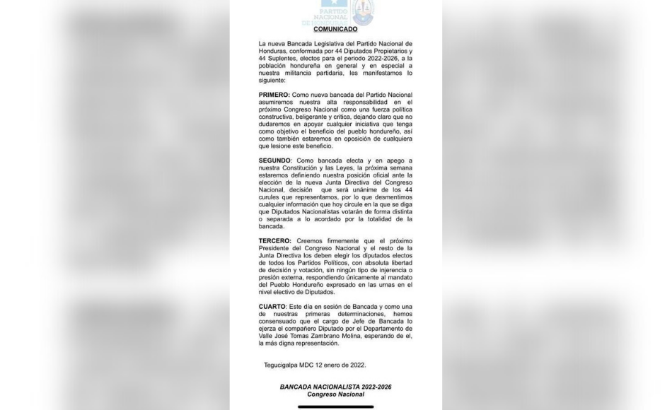 Comunicado del Partido Nacional de Honduras.