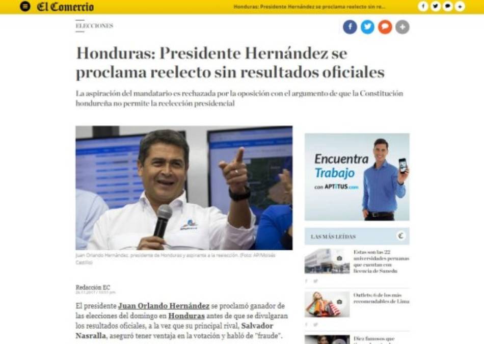 Diario El Comercio de Perú también informa la reelección de Juan Orlando Hernández a la presidencia de Honduras. 'El presidente se proclamó ganador de las elecciones del domingo en Honduras antes de que se divulgaran los resultados oficiales'.