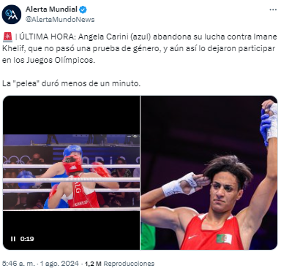 “Angela Carini (azul) abandona su lucha contra Imane Khelif, que no pasó una prueba de género, y aún así lo dejaron participar en los Juegos Olímpicos”. 