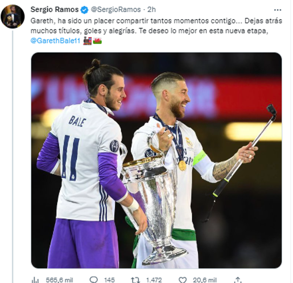 Sergio Ramos (excompañero en el Real Madrid): “Gareth, ha sido un placer compartir tantos buenos momentos contigo... Dejas atrás muchos títulos, goles y momentos de alegría. Te deseo lo mejor en esta nueva etapa”.