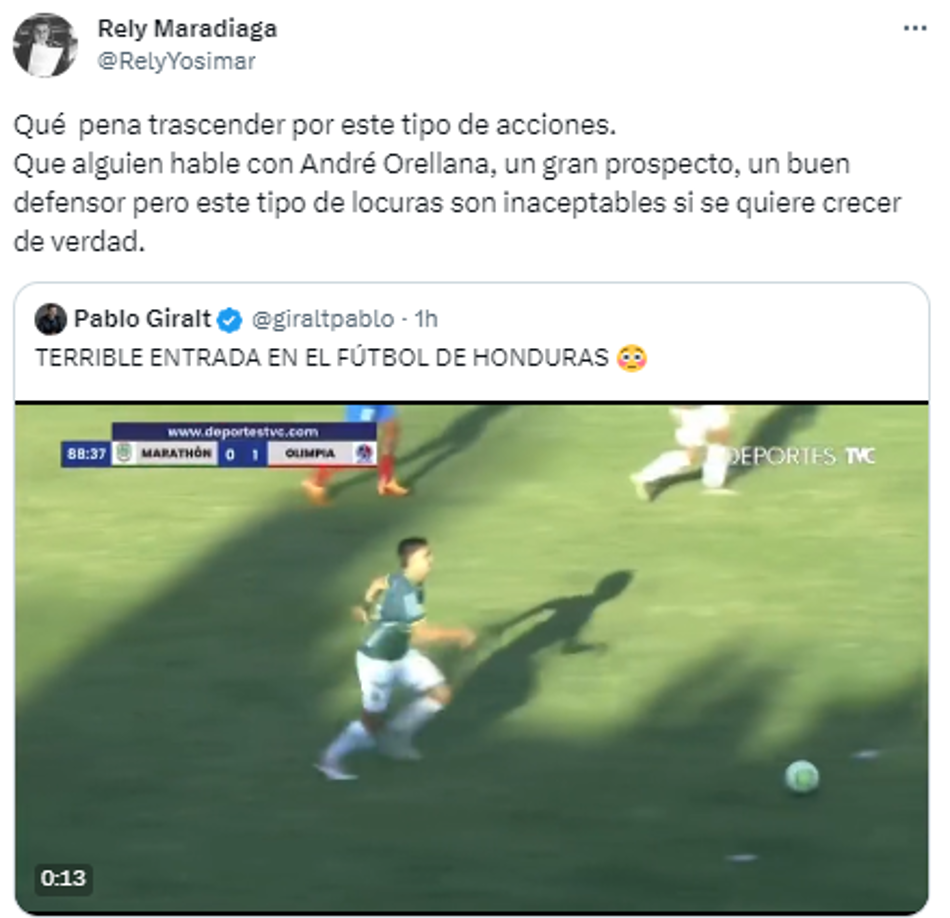 Rely Maradiaga: “Qué pena trascender por este tipo de acciones. Que alguien hable con André Orellana, un gran prospecto, un buen defensor pero este tipo de locuras son inaceptables si se quiere crecer de verdad”.
