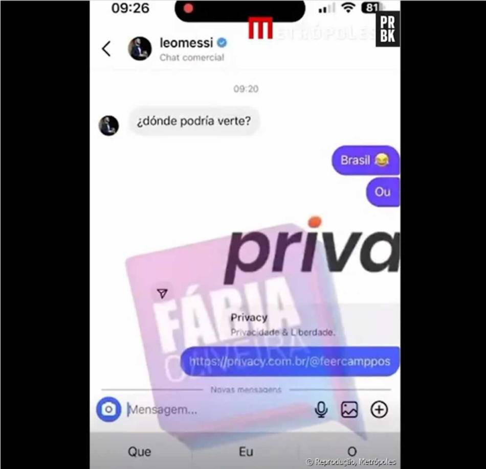 En el chat se puede ver como ambos hablan y Messi le pregunta dónde podría verla, a lo que ella le responde que está en Brasil.