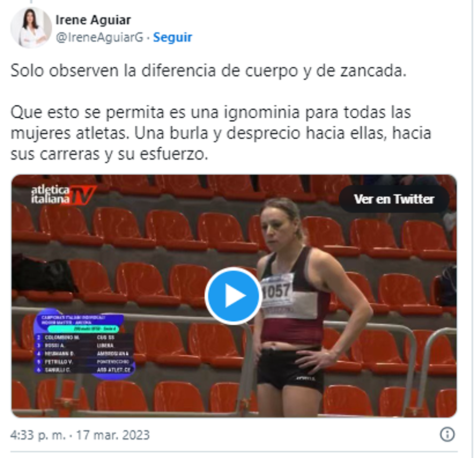 “Solo observen la diferencia de cuerpo y de zancada. Que esto se permita es una ignominia para todas las mujeres atletas. Una burla y desprecio hacia ellas, hacia sus carreras y su esfuerzo”, agregó.